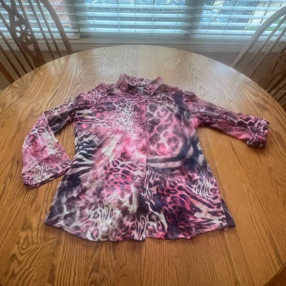 David Cline Tops - David Cline Crushed Long Sleeve Semi Sheer Pink Jungle Dyed Button Down M Artsy